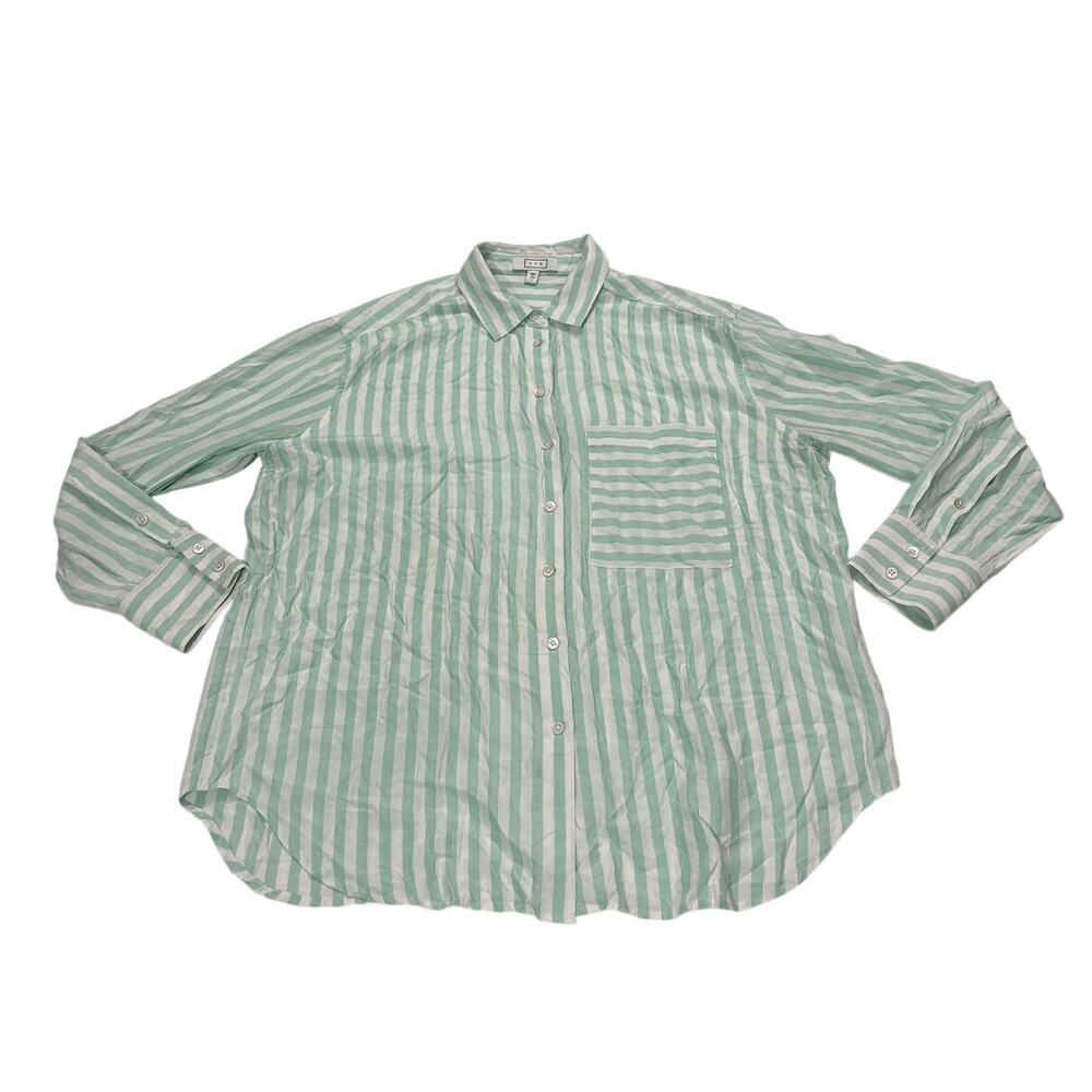AYR Women’s M Teal Striped Button Down Top Office Career Bright Fun Casual